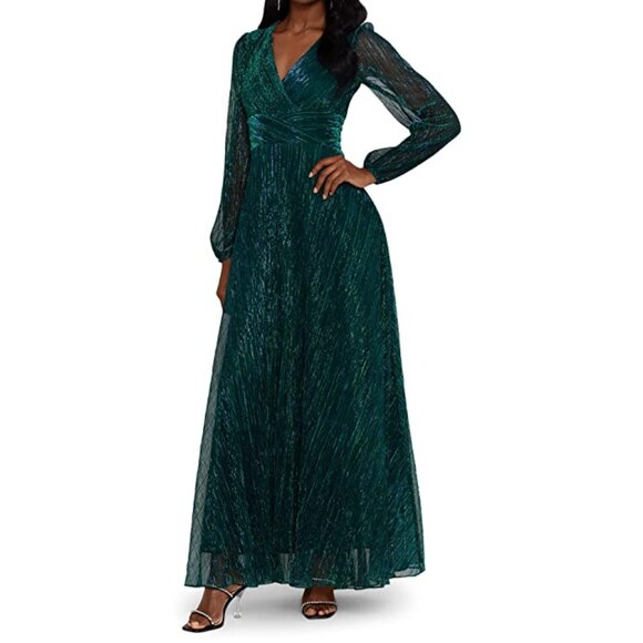Betsy & Adam Long Sleeve V-Neck Solid Shimmer Gown – Hunter Green NWT 6 - Picture 1 of 2